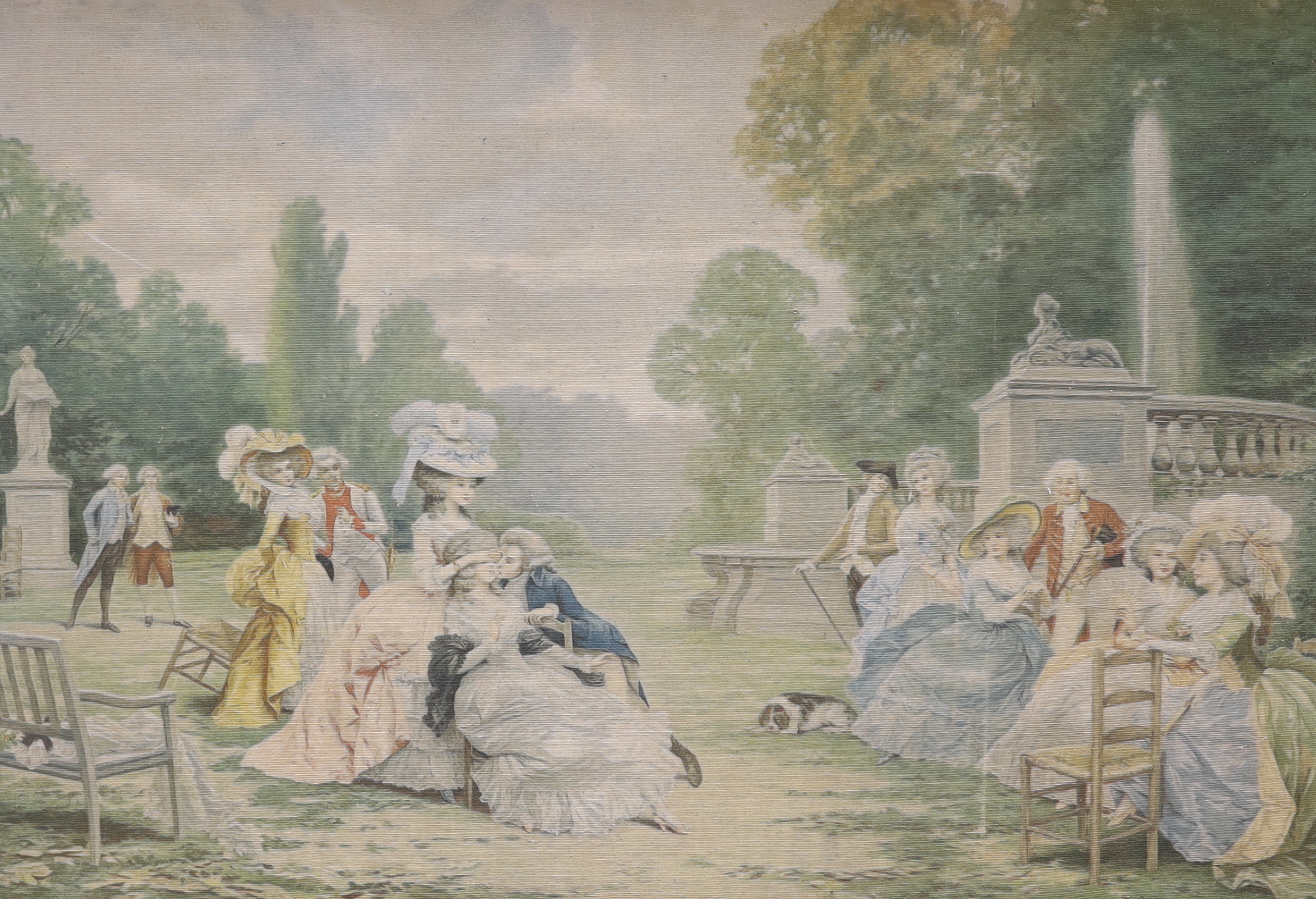 A printed machined tapestry panel depicting ladies and gallants in parkland, 79 x 114cm